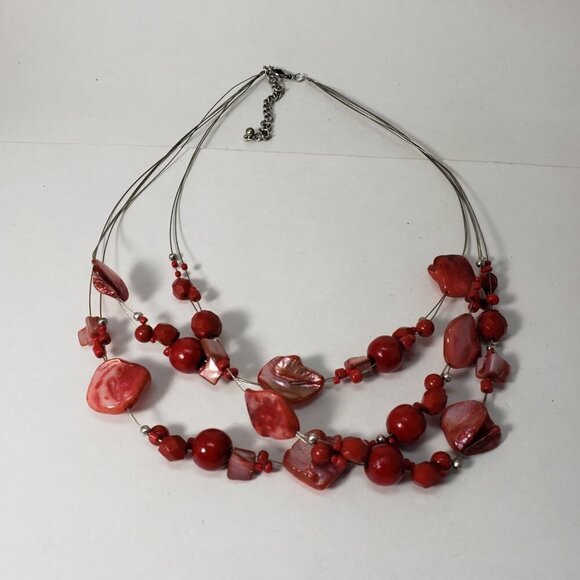 Layered Red Seashell Bead Necklace – Silver Tone Multi-Strand Statement Jewelry - Picture 6 of 8